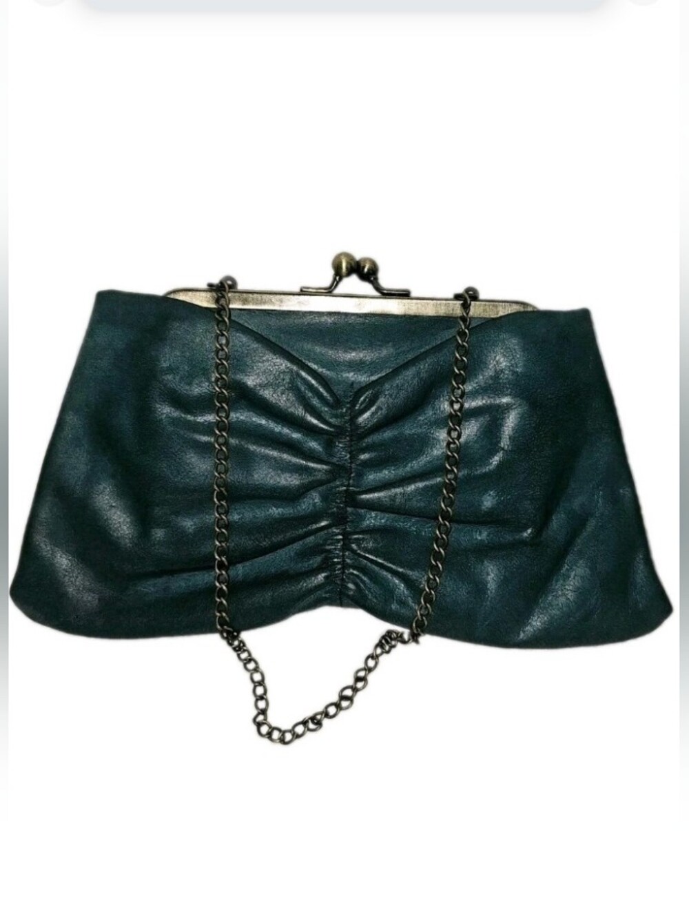 HOBO International Green Leather Ruched Kiss Lock Chain Bag Coquette Fairycore